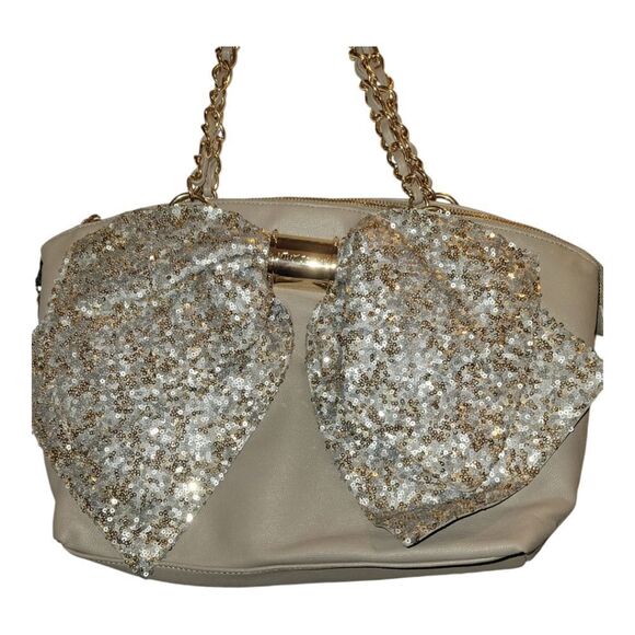 Betsey Johnson Beautiful Sequin Bow tote bag satchel Silver Gold - Picture 1 of 13